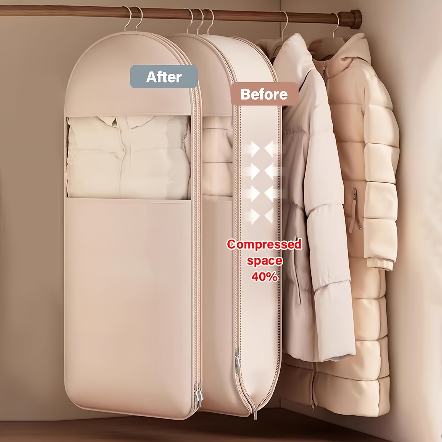 Winter Clothing Organizer - Tas Gantung Kompresi Beige, Hemat Ruang